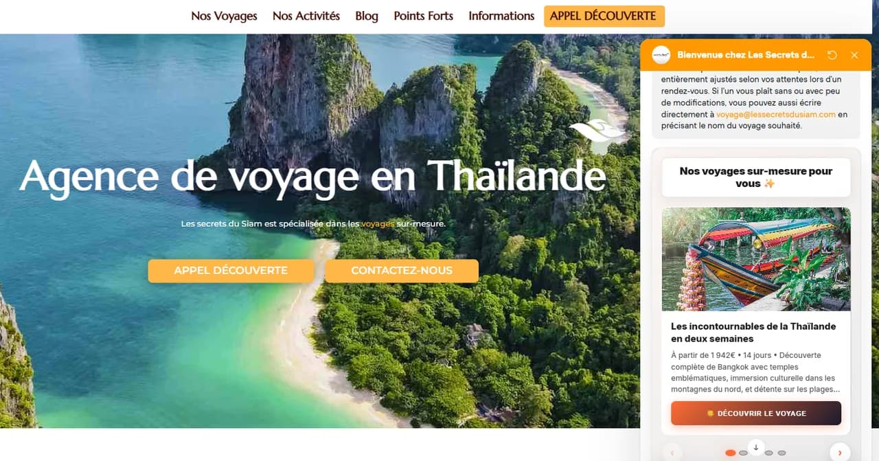 Secrets du Siam, site de l'agence de voyage avec l'agent IA conversationnel ouvert